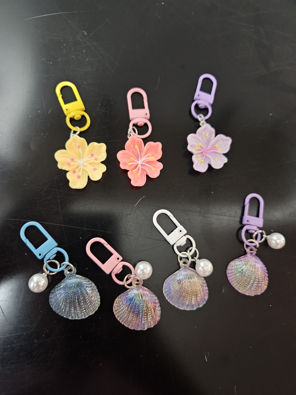 Floral & Shell Keychain Set - Pink, Purple, Yellow, Blue, White